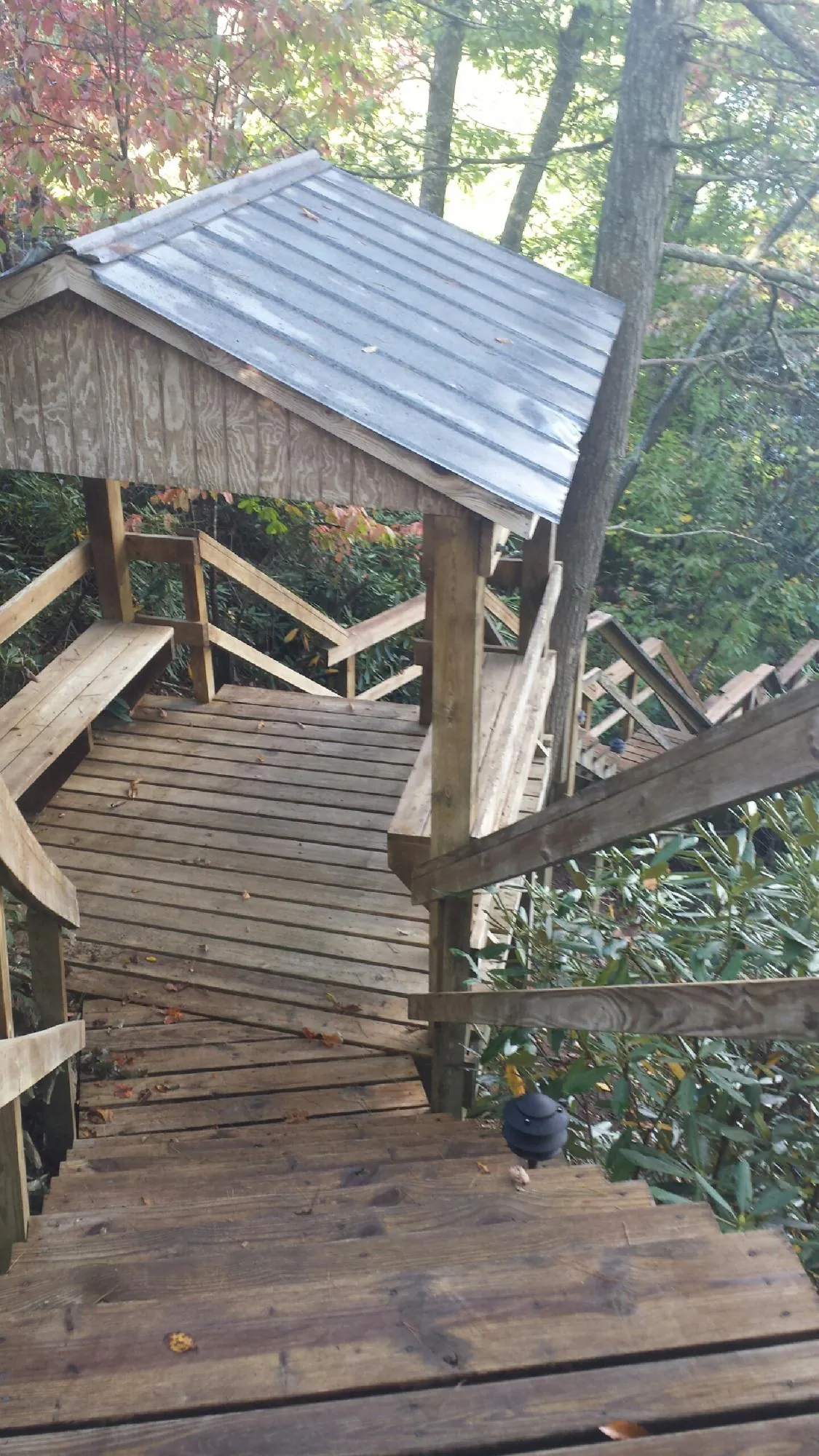 Metal roofed shelter over wooden steps on a wooded walkway — Skylight Repair & Installation work by our crew in Troutville